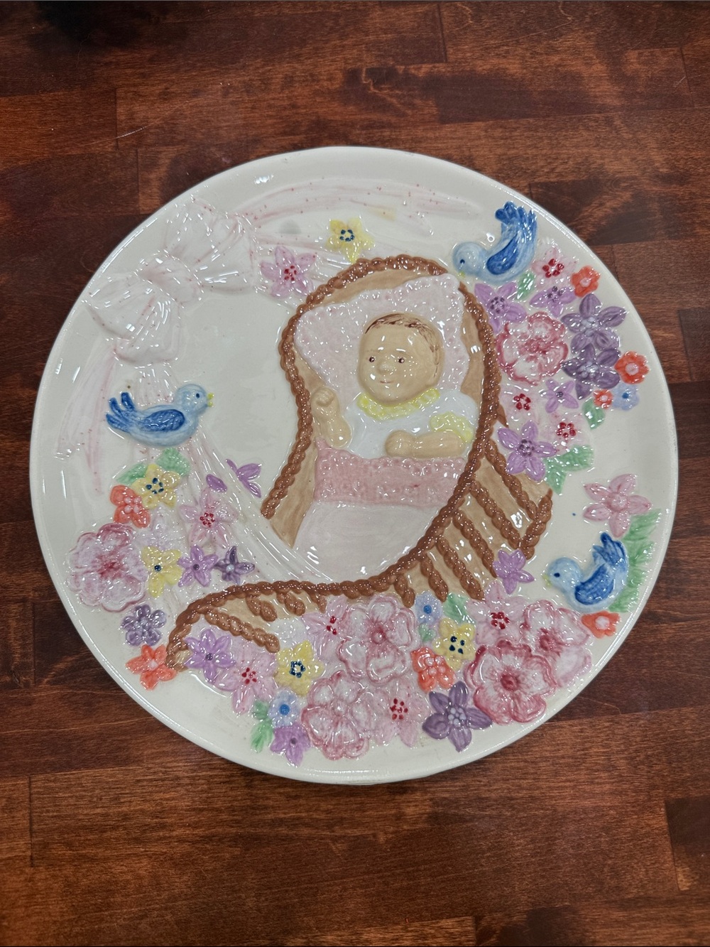 Hand-Painted Baby in Cradle Decorative Ceramic Plate - Multicolor